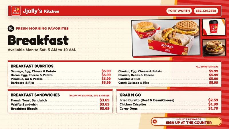 Breakfast menu board at JJolly's