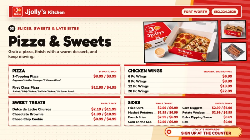 Pizza & Sweets menu board at JJolly's